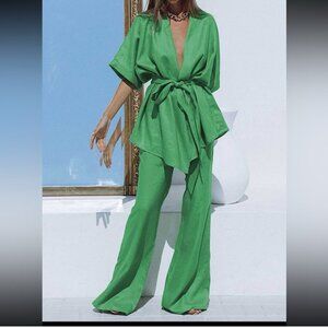 Oversized linen tied two piece pants set!!